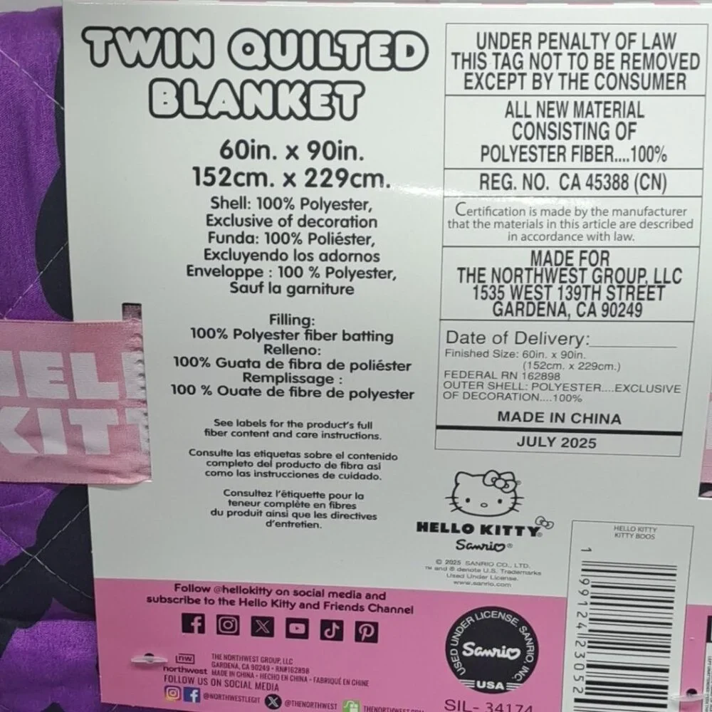 Sanrio Reversible Hello Kitty Halloween Twin Quilted Blanket Purple/ Black New